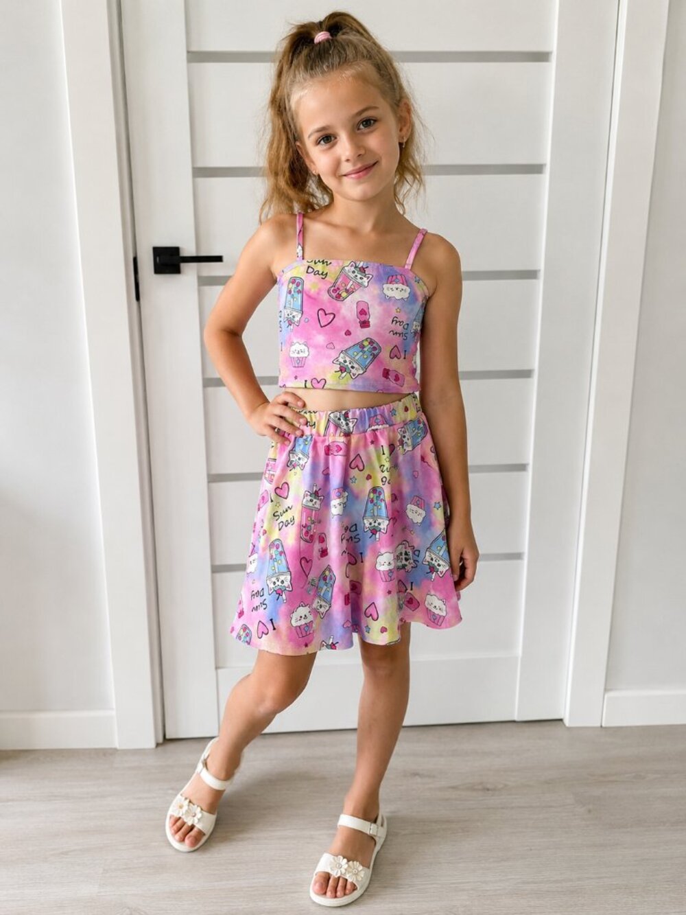 Girls Tie Dye Summer Dress Set Ice Cream Cat Print Spaghetti Strap Size 9Y